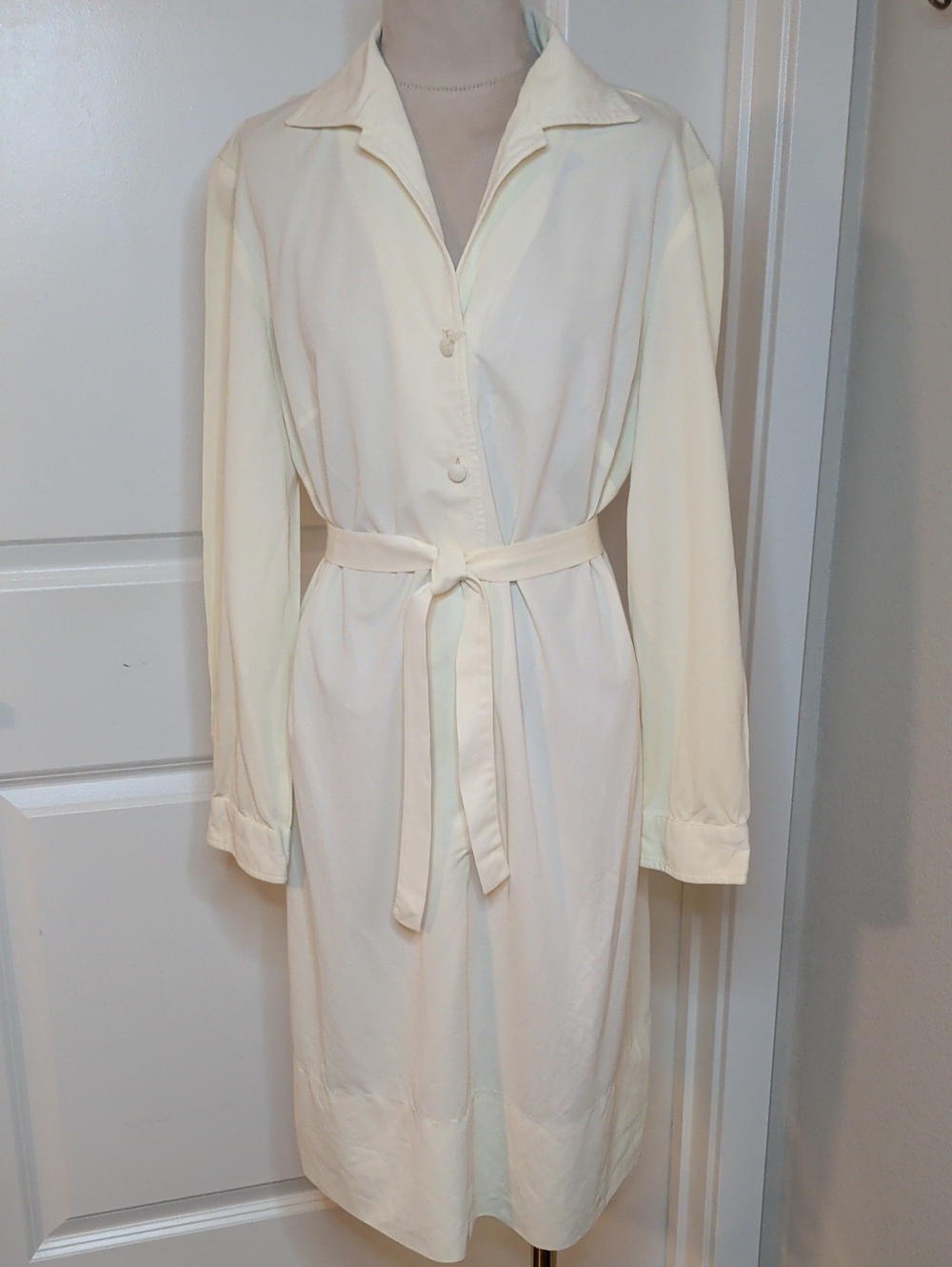 Vintage 70s Classic Cream Shirt Dress Long Sleeve with Waist Tie Sz M